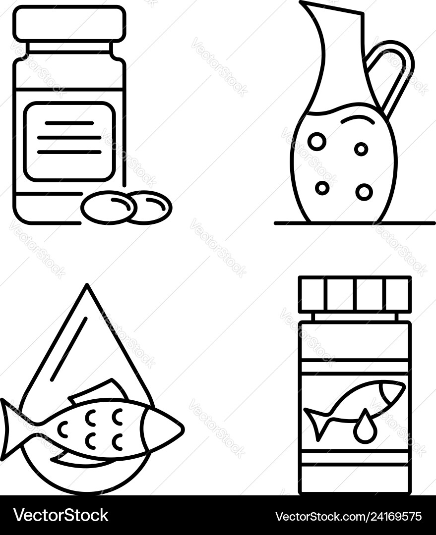 Fish oil icons set outline style Fish oil icons set outline style vector image