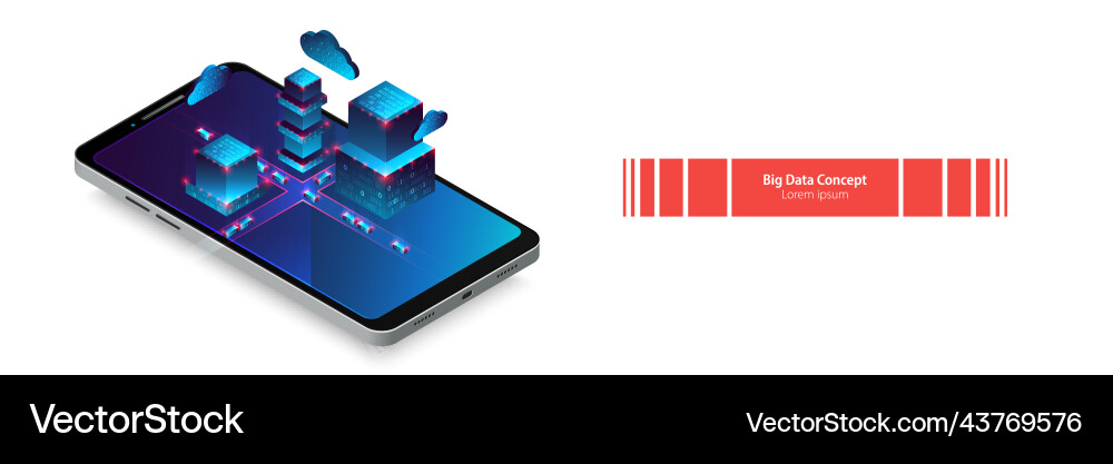 Isometric mobile phone ig data flow processing Isometric mobile phone ig data flow processing vector image