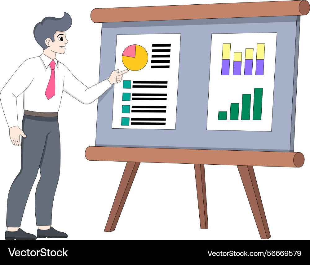 Employee explaining data table and charts Vector Image