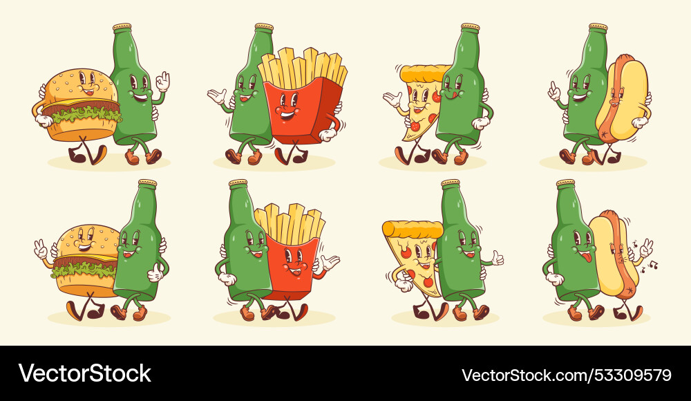 Grooviges Bier und Essen Snacks Retro Charaktere Set Grooviges Bier und Essen Snacks Retro Charaktere Set vektorbild