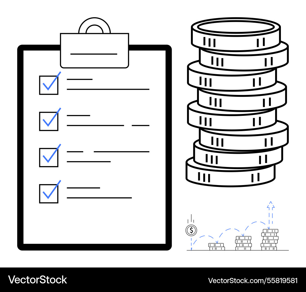 Checklist and coin stack representing task Checklist and coin stack representing task vector image