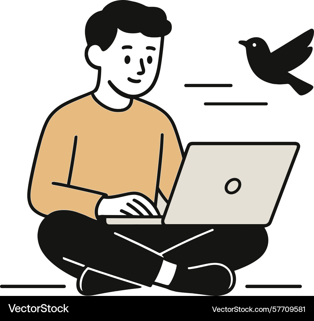 Man sits cross-legged using laptop while bird Man sits cross-legged using laptop while bird vector image