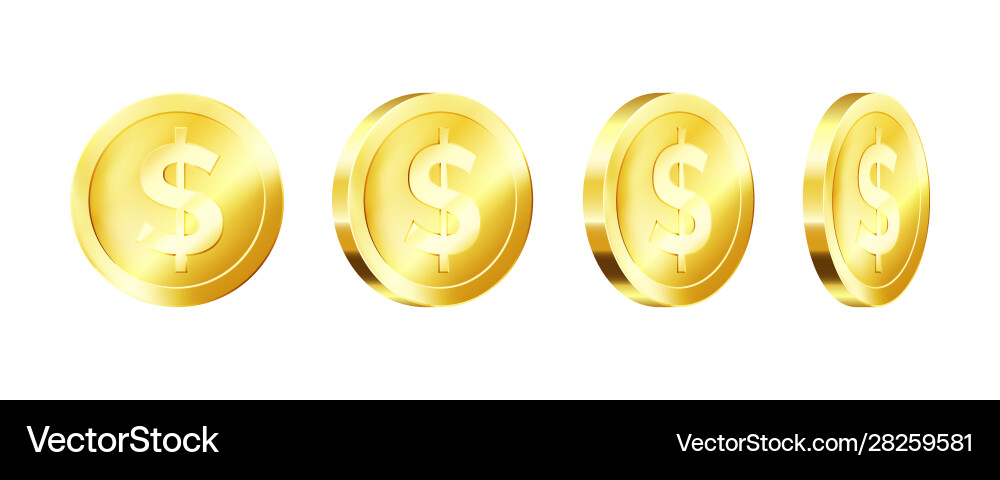 Metallic gold coin template rotate golden dollar Metallic gold coin template rotate golden dollar vector image