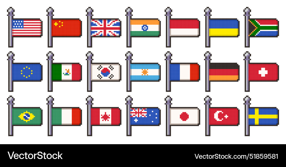 Pixel country flags retro flag national symbols Pixel country flags retro flag national symbols Vector Image