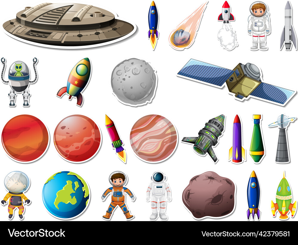 Sticker set of outer space objects and astronauts Sticker set of outer space objects and astronauts vector image