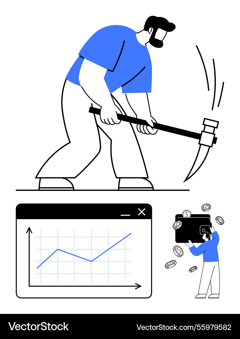 Miner with pickaxe graph interface and person Miner with pickaxe graph interface and person vector image