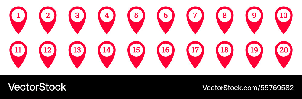 Red numbered map markers in consecutive order vector image