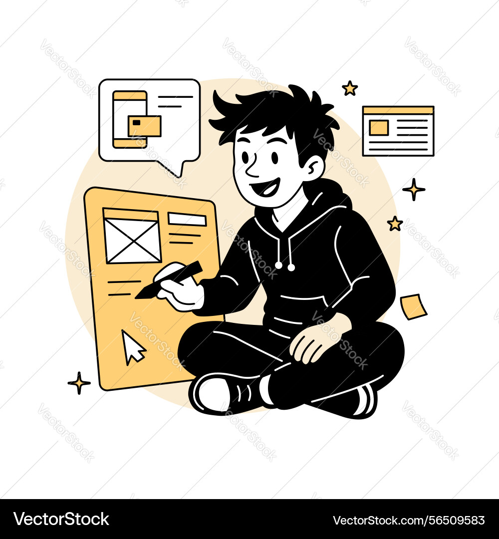 A young man designing web page mockup with ui A young man designing web page mockup with ui vector image