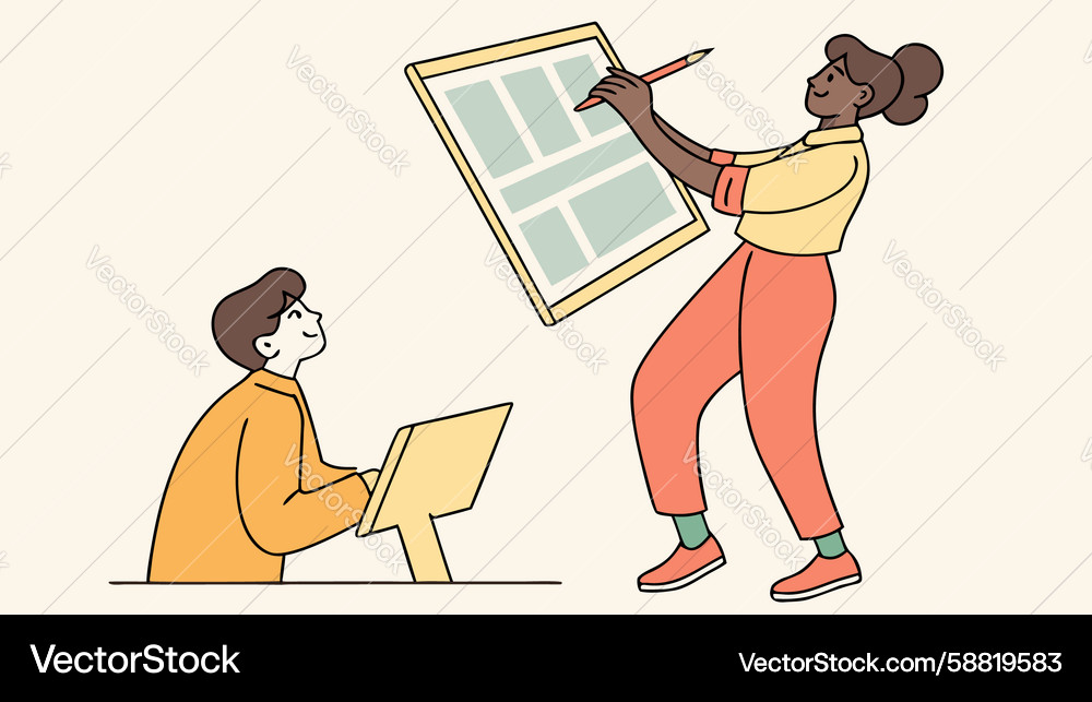 Design team collaborating on large-scale drawing Vector Image