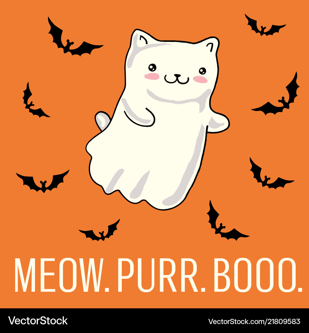 Kawaii Cat Ghost Halloween Card Vektorbild