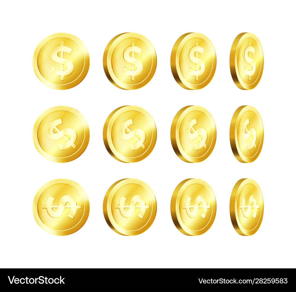 Rotation metallic gold coin golden dollar Rotation metallic gold coin golden dollar vector image