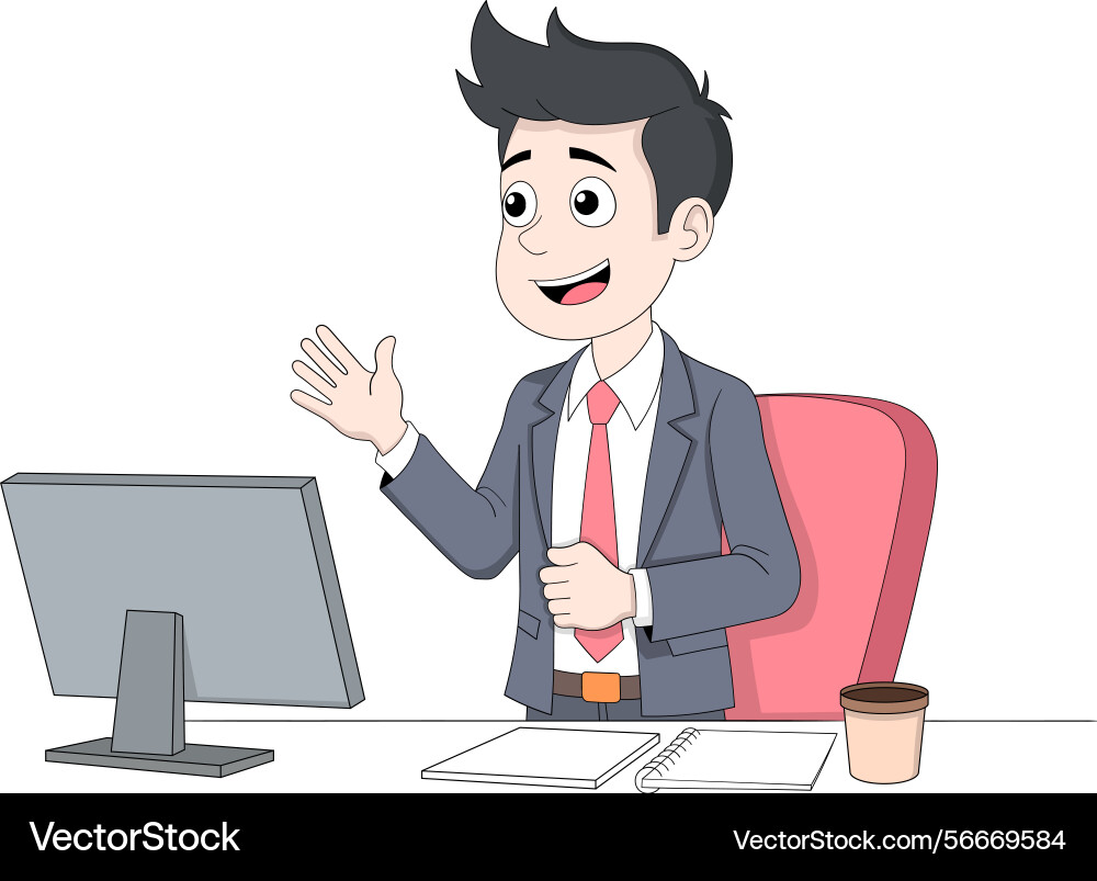 Smiling employee working in front of computer Vector Image