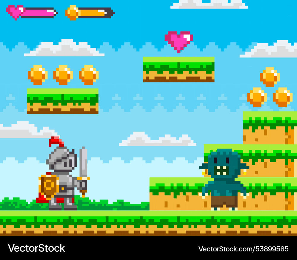 Retro pixel art adventure knight versus monster Retro pixel art adventure knight versus monster vector image