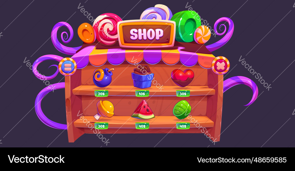 Shop game interface with assets and price buttons Shop game interface with assets and price buttons vector image
