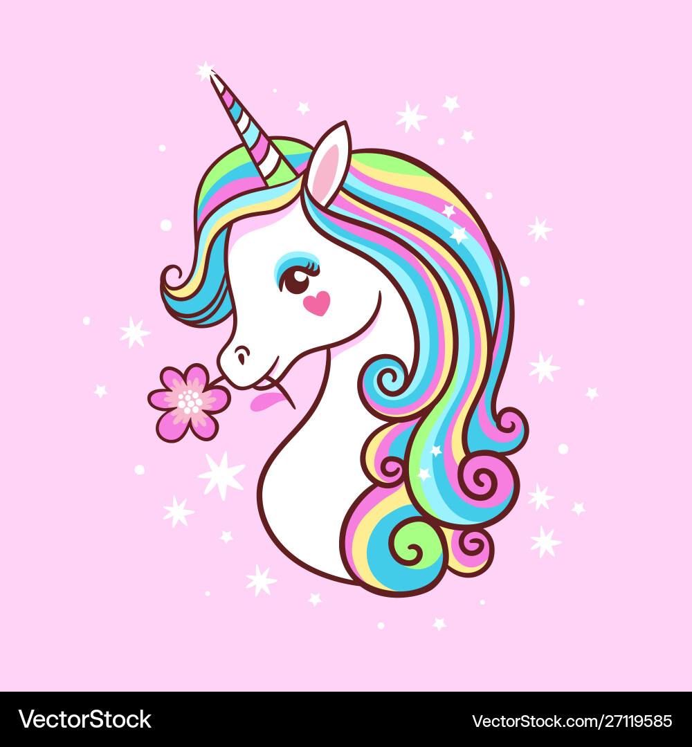 Unicorn on a pink background with stars postcard vector image