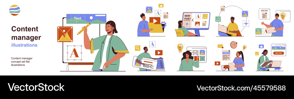 Content manager concept with character situations Content manager concept with character situations vector image