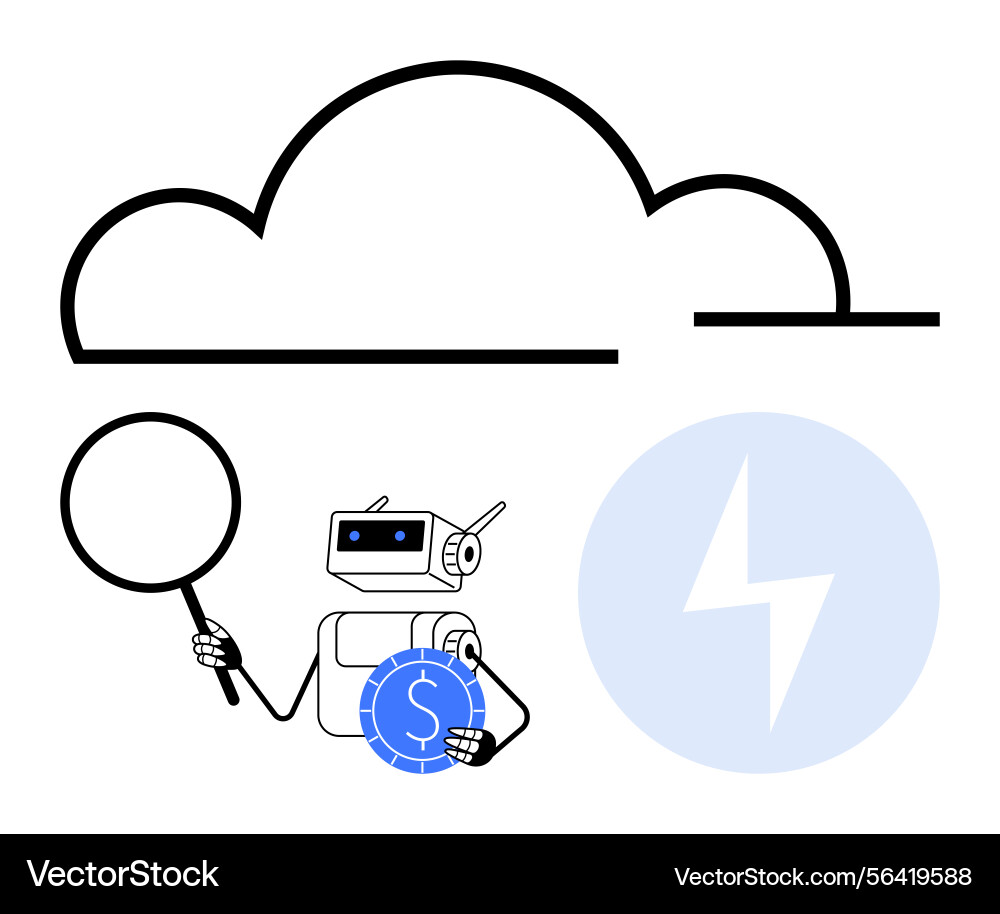 Robot analyzing cloud data with magnifying glass Robot analyzing cloud data with magnifying glass vector image