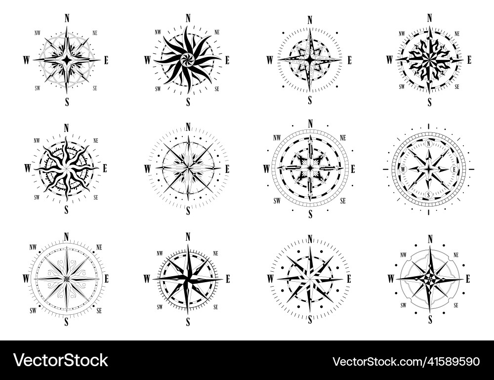 Compass old icons vintage nautical wind roses Compass old icons vintage nautical wind roses vector image