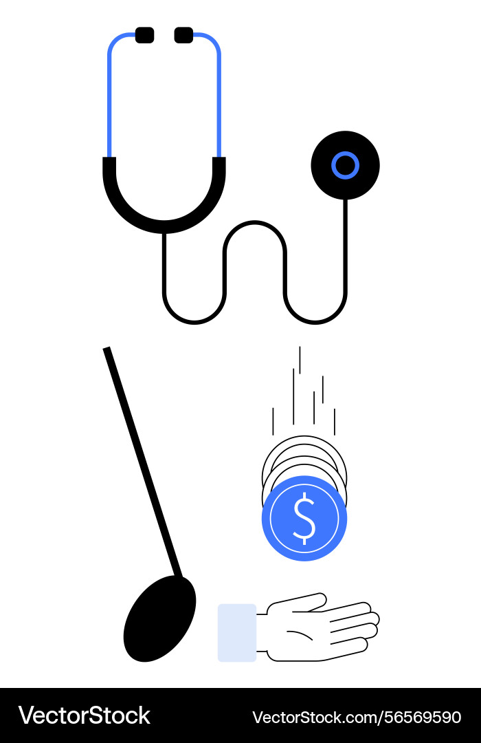 Stethoscope with coins dropping into an open hand Stethoscope with coins dropping into an open hand Vector Image