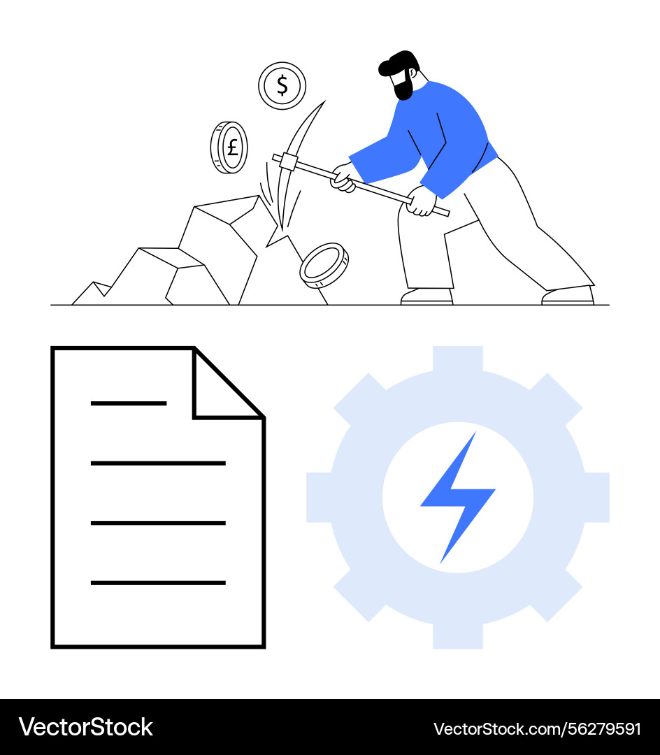 Miner extracting currency with pickaxe document Miner extracting currency with pickaxe document vector image