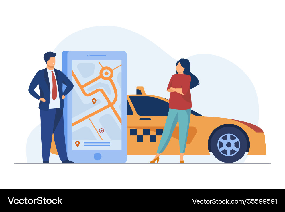 People using location app and ordering taxy People using location app and ordering taxy Vector Image