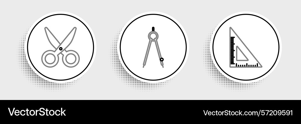 Set line triangular ruler scissors and drawing vector image
