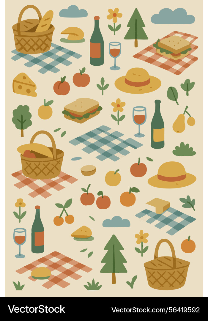 A delightful pattern featuring picnic items A delightful pattern featuring picnic items Vector Image