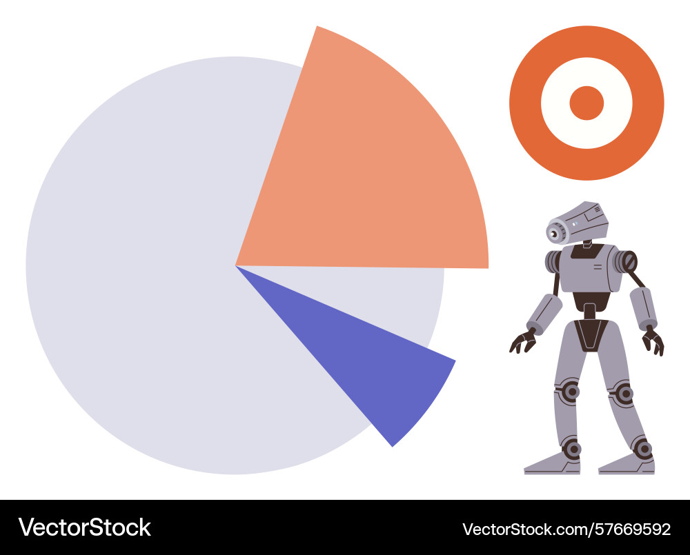 Robot alongside pie chart and target representing Robot alongside pie chart and target representing vector image