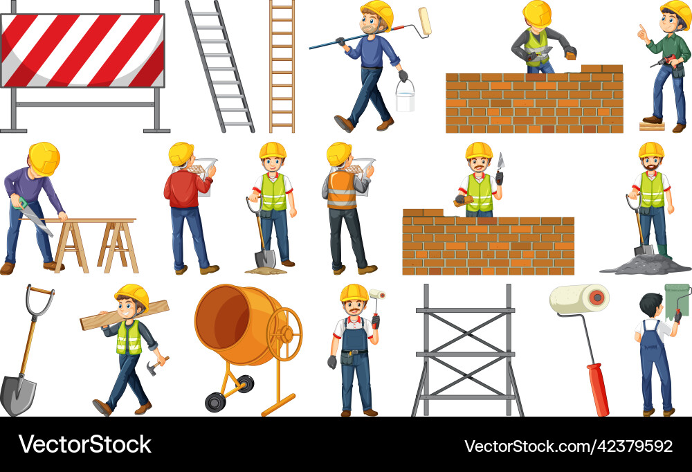 Set of construction site objects and workers Set of construction site objects and workers Vector Image