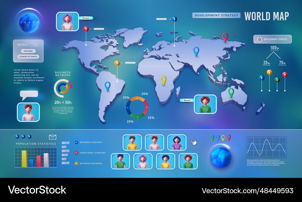 3d map world globe pins on network statistic 3d map world globe pins on network statistic vector image