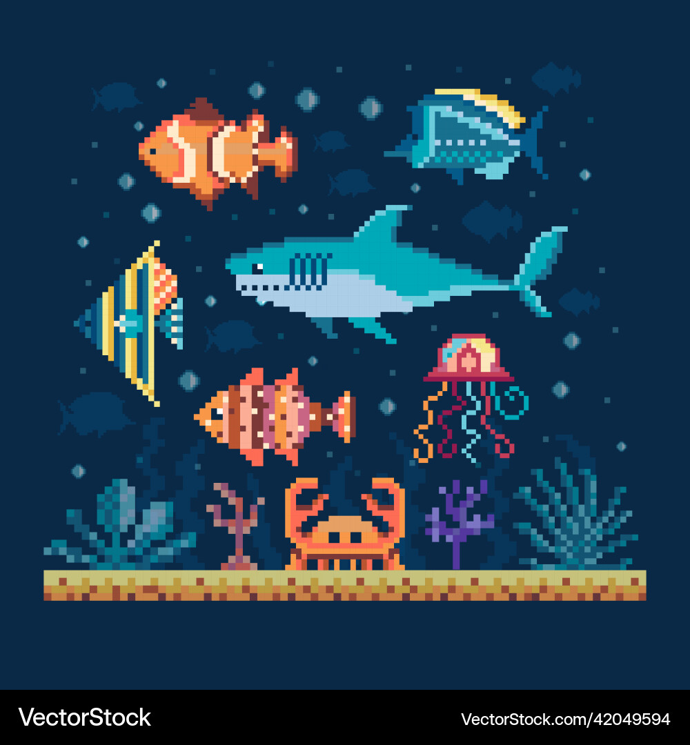 Pixel art fishes on seabed underwater landscape Pixel art fishes on seabed underwater landscape vector image