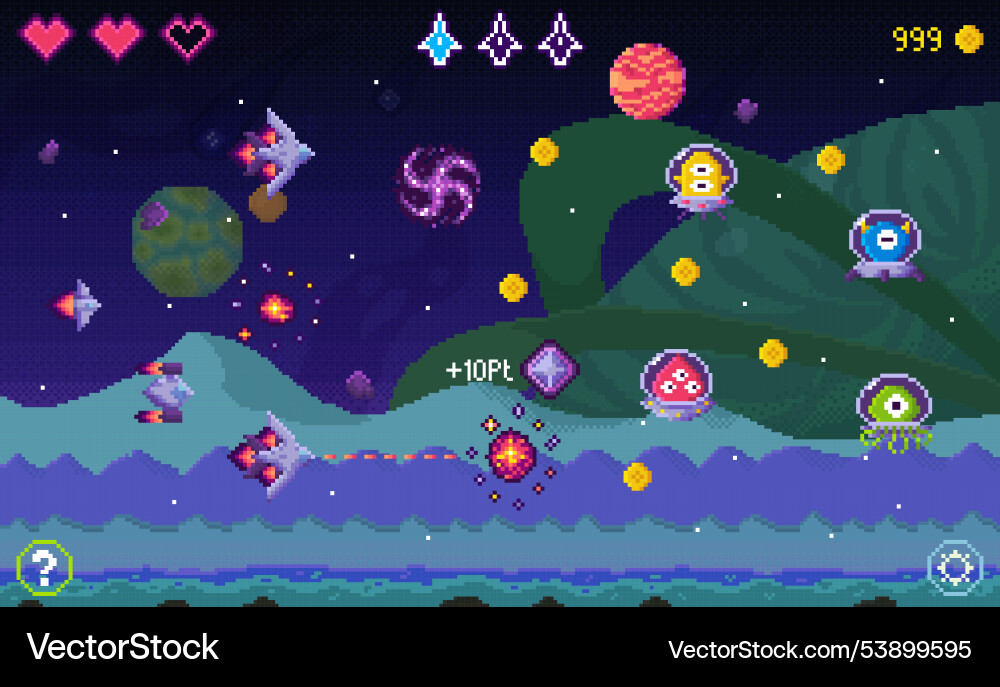 Retro space shooter game with colorful pixel art vector image