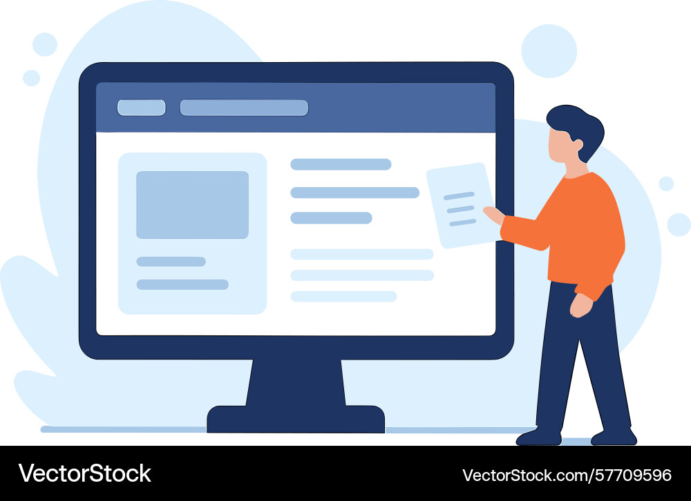 Man presenting document next to computer monitor vector image