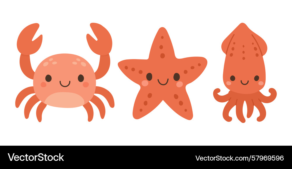 Smiling red crab starfish and squid with soft Vector Image