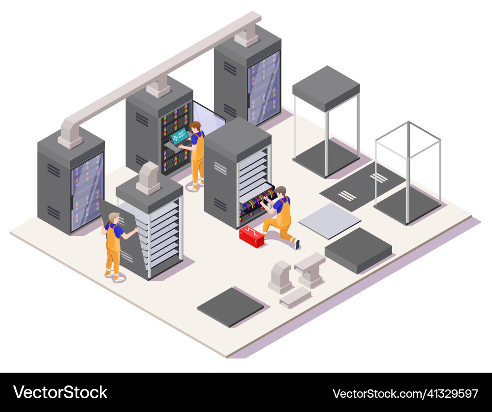 Engineers installing servers in data center vector image