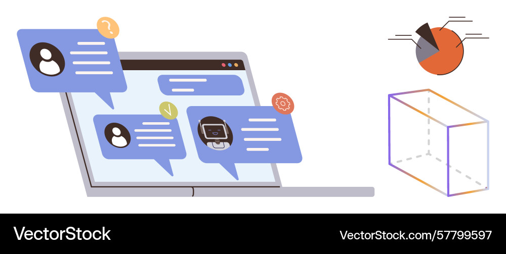 Laptop with chat bubbles pie chart and cube Laptop with chat bubbles pie chart and cube Vector Image