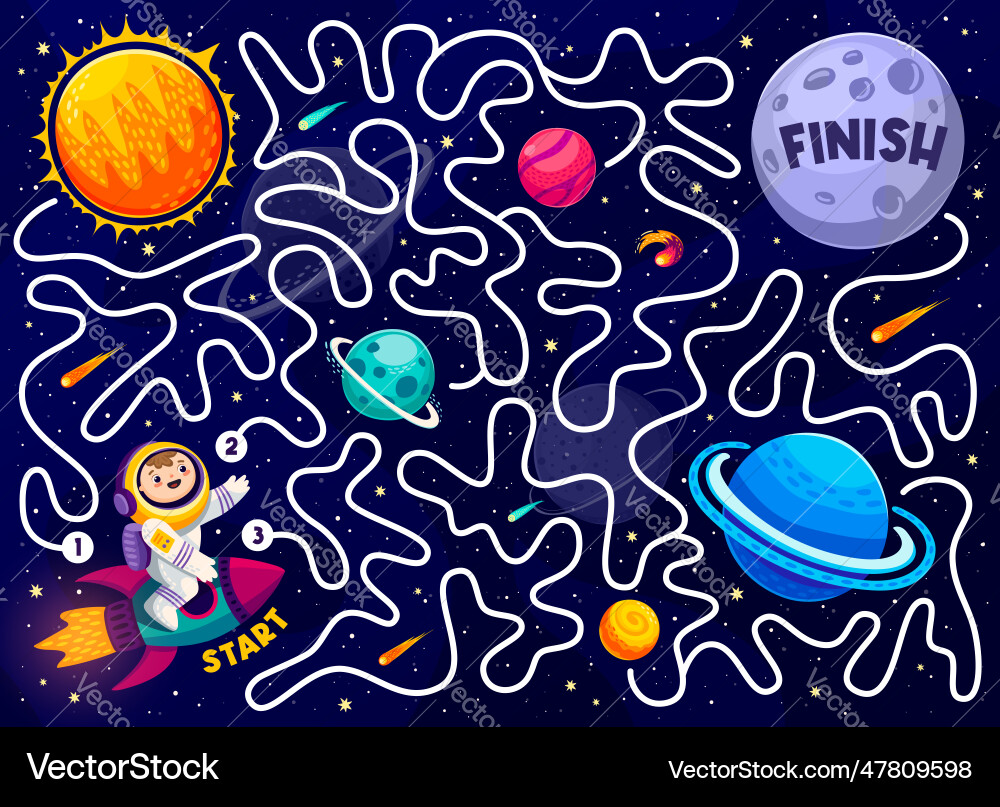 Labyrinth maze game with kid astronaut and planets vector image
