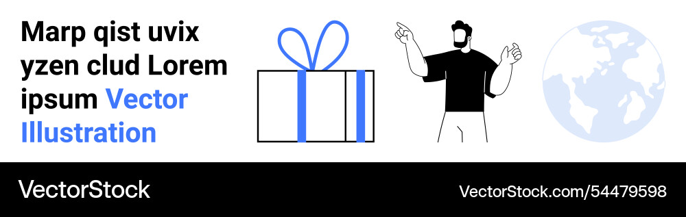 Man pointing at a gift box with text and globe Vector Image
