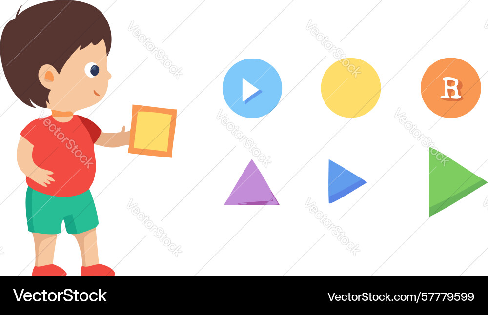Child holds tablet with abstract ui shapes Vector Image
