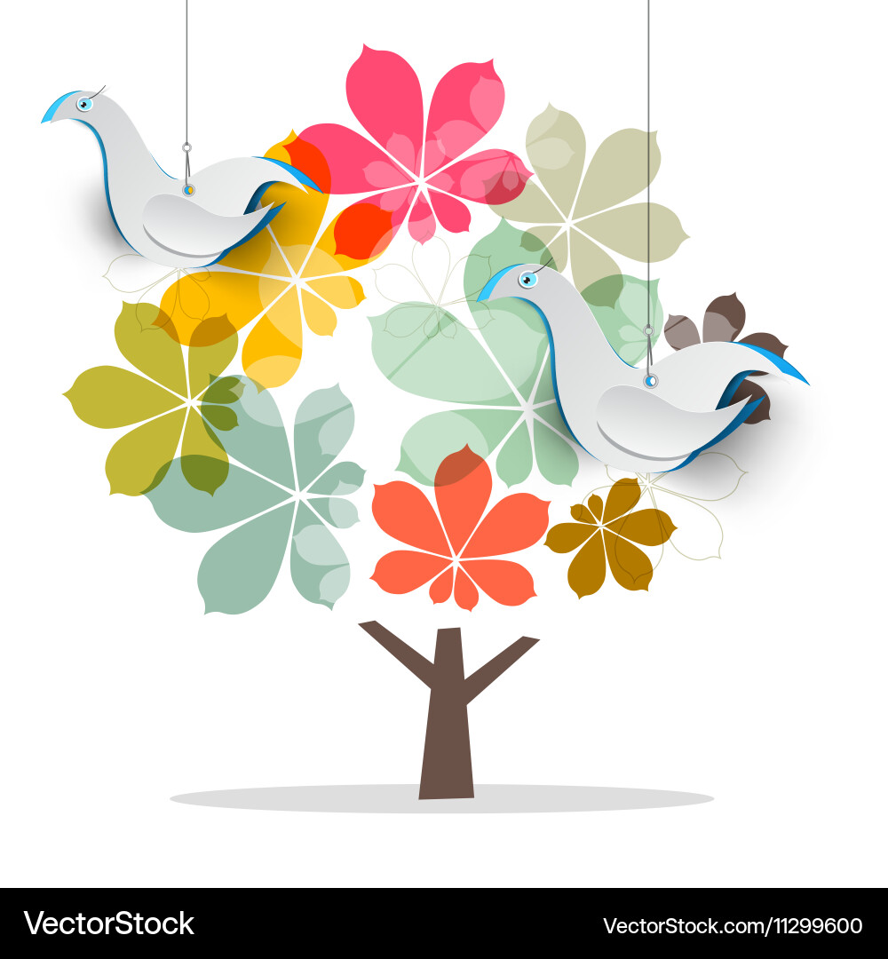 Abstract Tree with Dove Birds Vector Image
