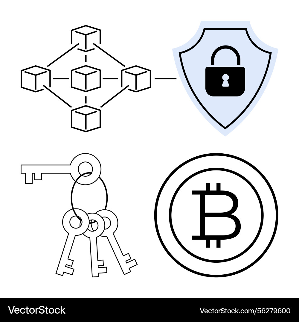 Blockchain network with lock keys and bitcoin Blockchain network with lock keys and bitcoin vector image