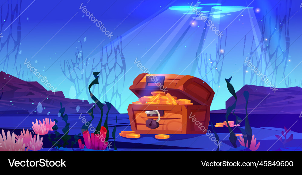 Cartoon treasure chest underwater in ocean Cartoon treasure chest underwater in ocean vector image
