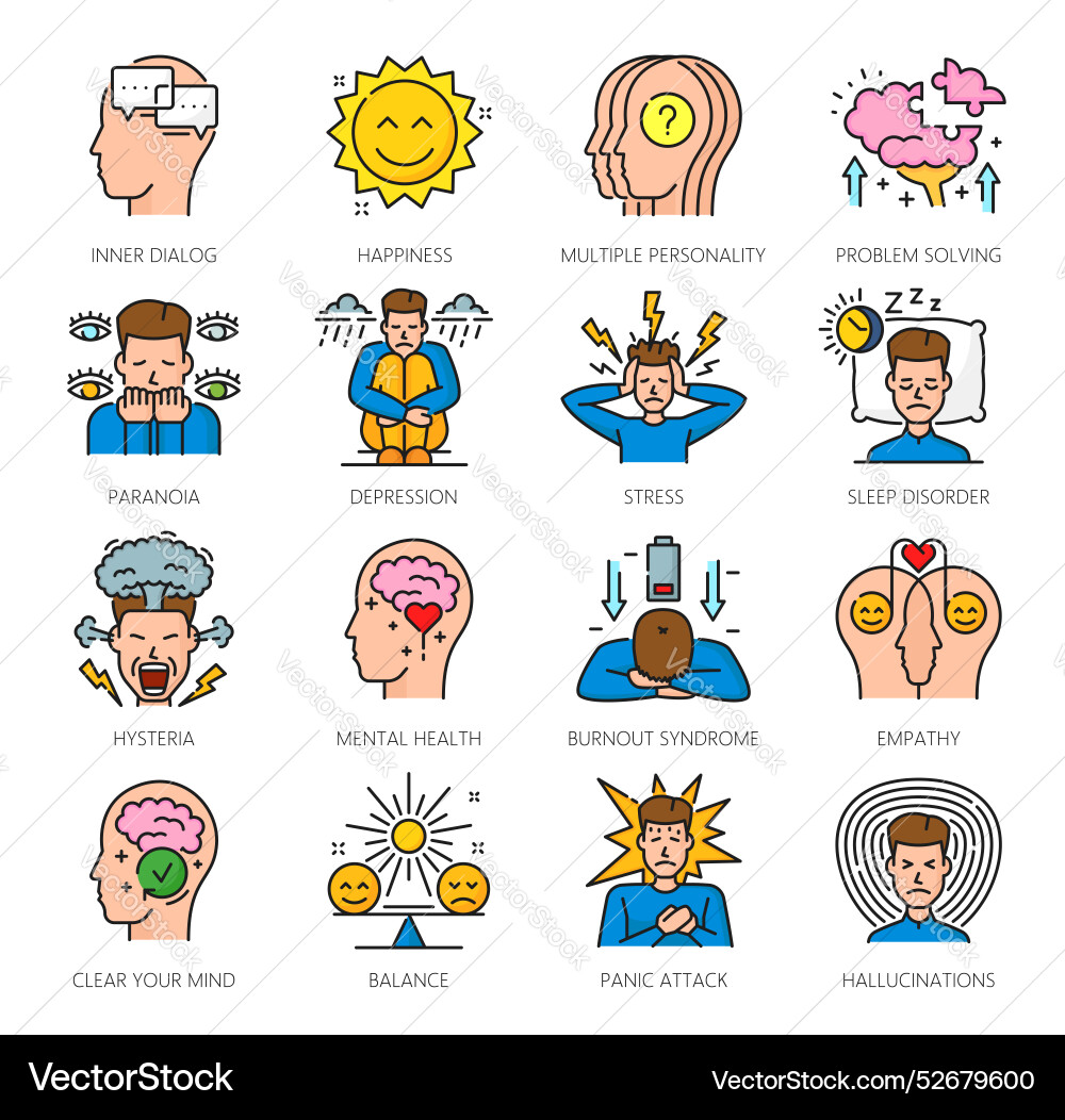 Mentale Gesundheitsfarbe Icons psychologische Probleme Mentale Gesundheitsfarbe Icons psychologische Probleme vektorbild