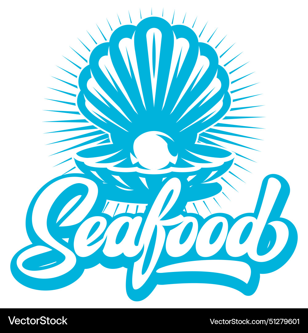 Calligraphic inscription seafood with pearl shell Vector Image
