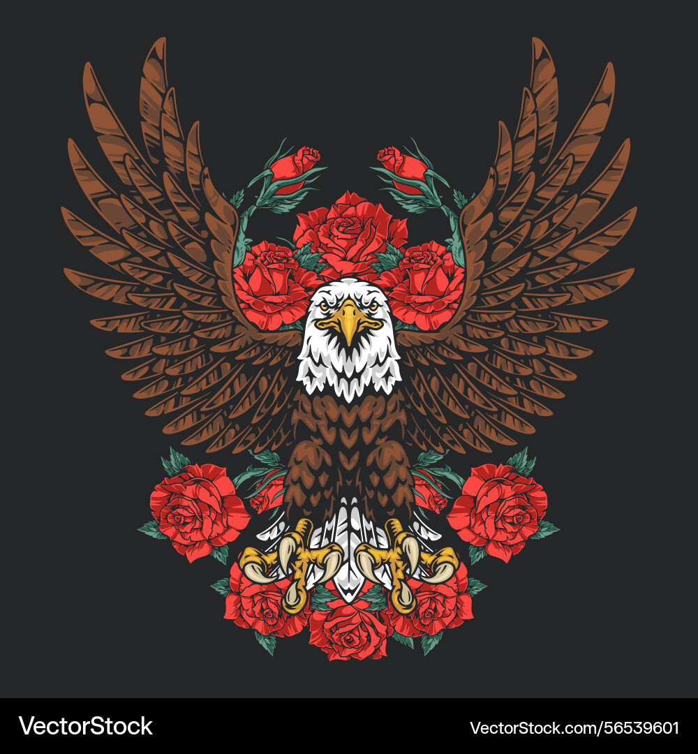 Eagle surrounded by roses with detailed wings Vector Image