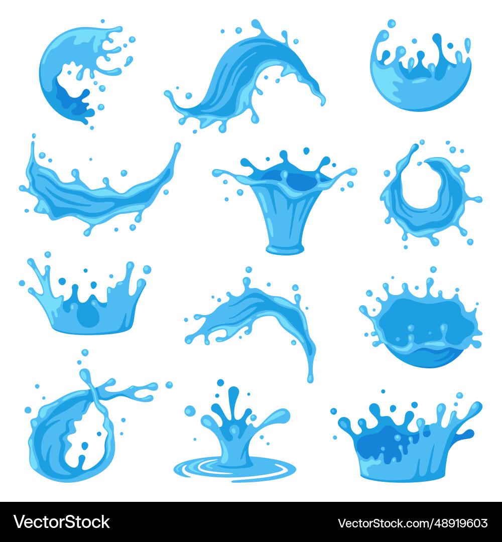 Blue water splashes as aqua motion with drops vector image