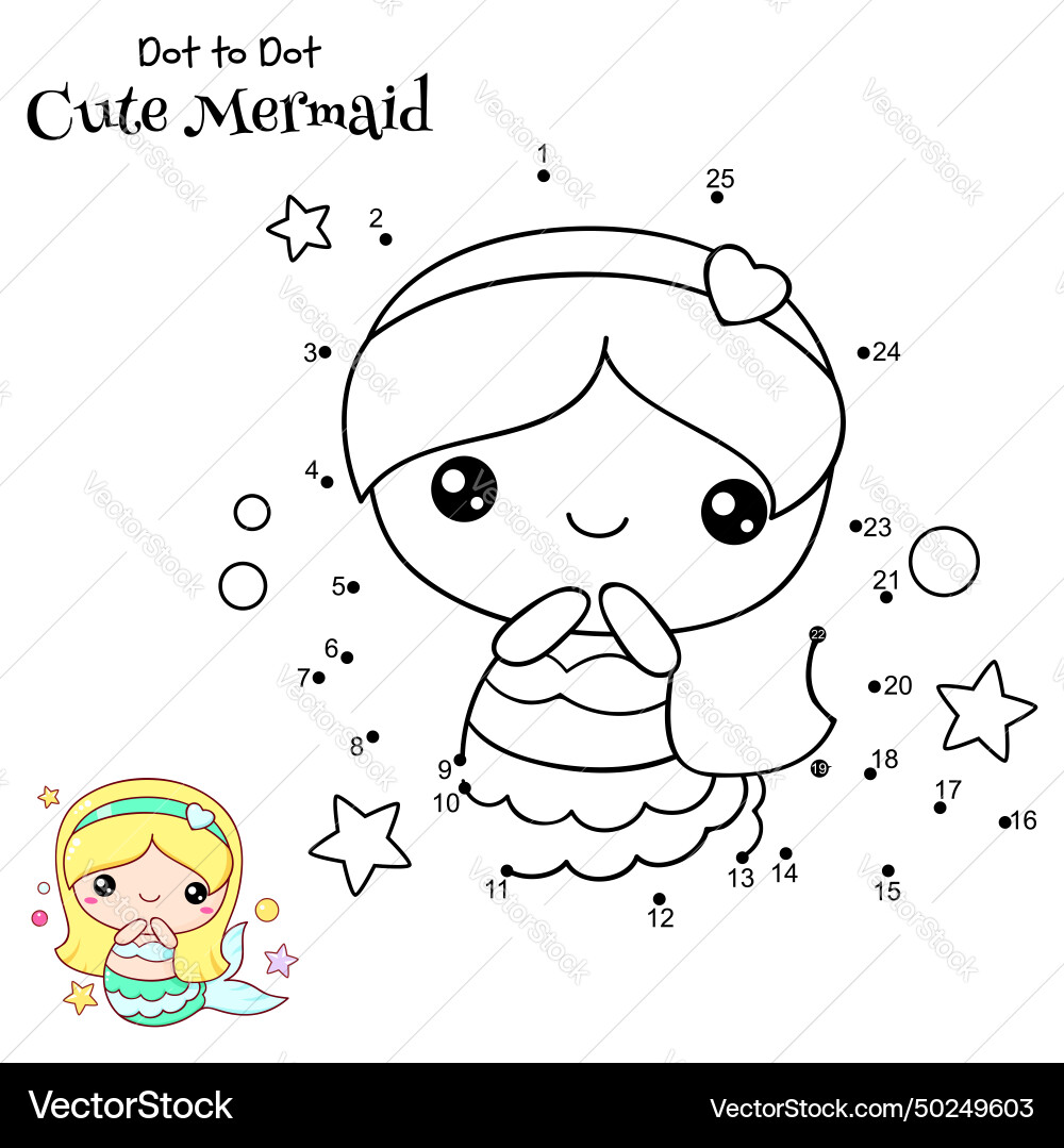 Connect the dots and draw cute mermaid dot Connect the dots and draw cute mermaid dot vector image