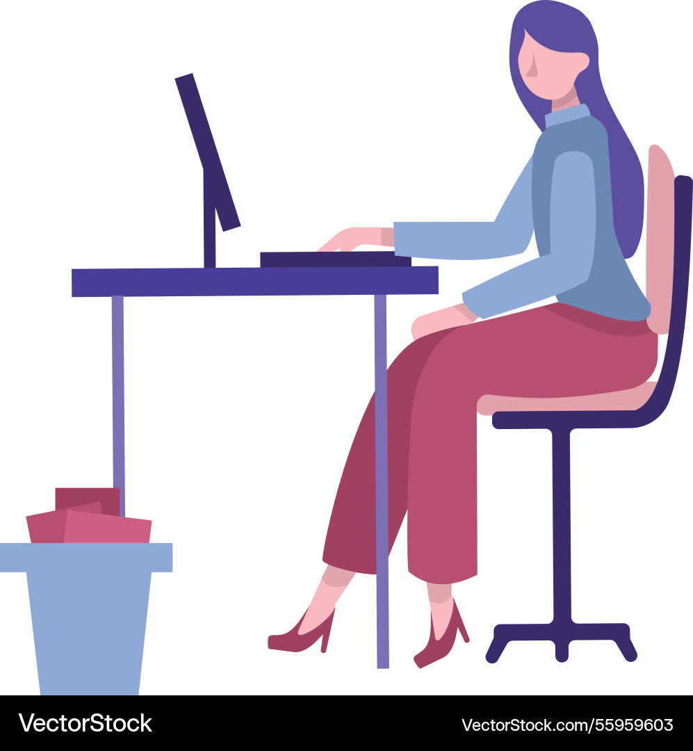 Office work icon woman at desk with pc Royalty Free Vector