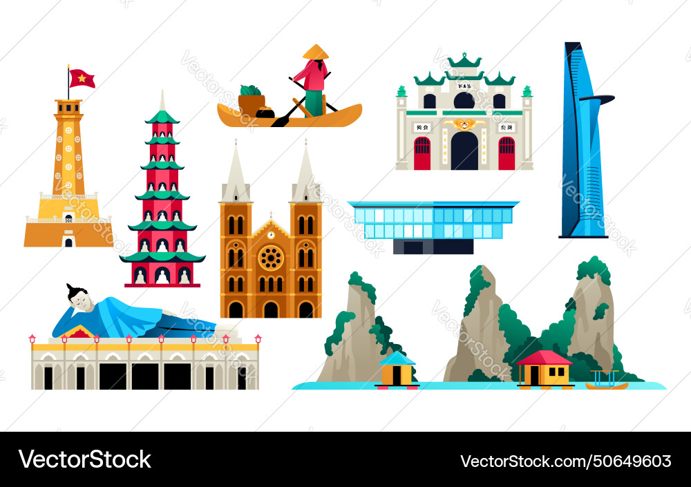 Sights of vietnam - flat design style objects set vector image