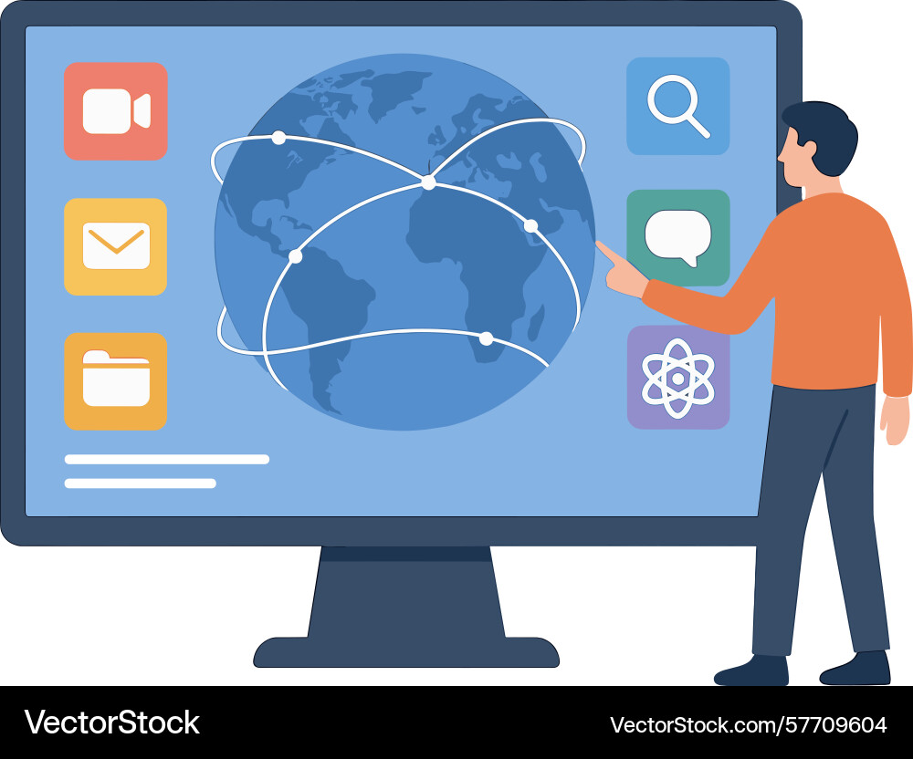 Man interacting with global network on computer Man interacting with global network on computer vector image